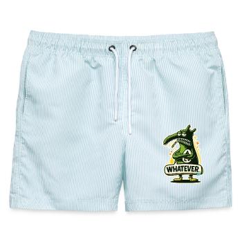 Grüner Monster Dino mit Whatever Attitüde - Männer Badeshorts - hellblau gestreift - Vorne - AI Model Male 178 light (178cm)