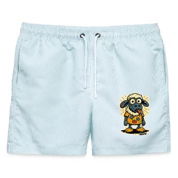 Lustiges Comic Schaf mit orangefarbenem Shirt - Männer Badeshorts - hellblau gestreift - Vorne - AI Model Male 178 light (178cm)