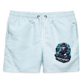 Techno-Kater am DJ-Pult - Männer Badeshorts - hellblau gestreift - Vorne - AI Model Male 178 light (178cm)