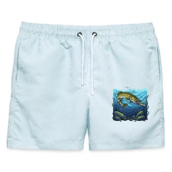 Hecht Angeln Fischen Raubfisch - Männer Badeshorts - hellblau gestreift - Vorne - AI Model Male 178 light (178cm)