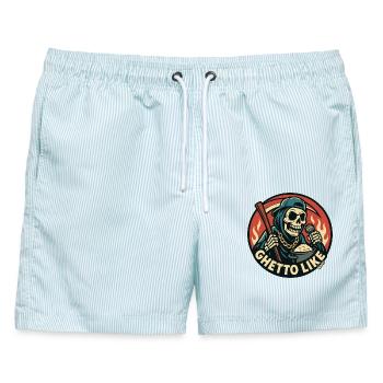 Skelett mit Mikrofon und Ghetto Like - Männer Badeshorts - hellblau gestreift - Vorne - AI Model Male 178 light (178cm)