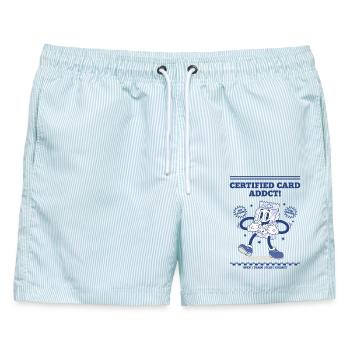 Certified Card Addict Trading Card Booster Pack - Männer Badeshorts - hellblau gestreift - Vorne - AI Model Male 178 light (178cm)
