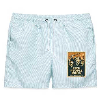 Protestplakat für reiche Leute und Unruhen - Männer Badeshorts - hellblau gestreift - Vorne - AI Model Male 178 light (178cm)