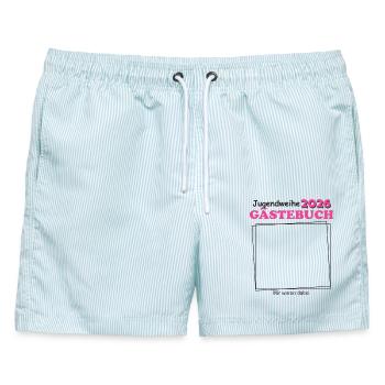 Jugendweihe 2026 Gästebuch für Jugendliche Mädchen - Männer Badeshorts - hellblau gestreift - Vorne - AI Model Male 178 light (178cm)