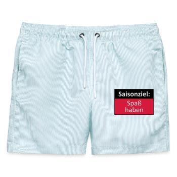Saisonziel lautet: Spass haben - Männer Badeshorts - hellblau gestreift - Vorne - AI Model Male 178 light (178cm)