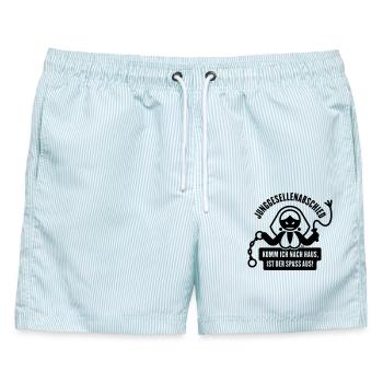Junggesellenabschied – Komm Ich Nach Haus … (JGA) - Männer Badeshorts - hellblau gestreift - Vorne - AI Model Male 178 light (178cm)