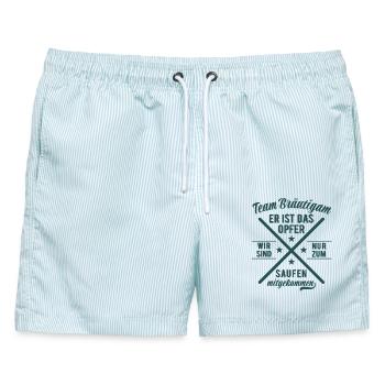 JGA Team Bräutigam Er ist das Opfer - Bier saufen - Männer Badeshorts - hellblau gestreift - Vorne - AI Model Male 178 light (178cm)