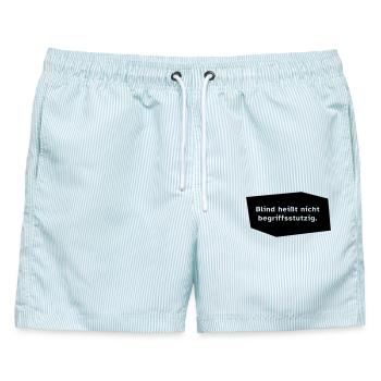 Blind heißt nicht begriffsstutzig. - Männer Badeshorts - hellblau gestreift - Vorne - AI Model Male 178 light (178cm)