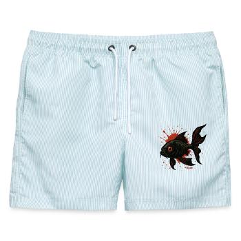Koi-Splatter: Schwarz Fisch - Männer Badeshorts - hellblau gestreift - Vorne - AI Model Male 178 light (178cm)