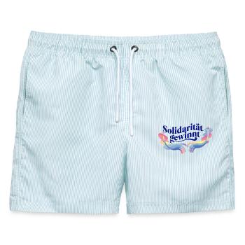 Solidarität gewinnt Spruch Regenbogen Hände - Männer Badeshorts - hellblau gestreift - Vorne - AI Model Male 178 light (178cm)