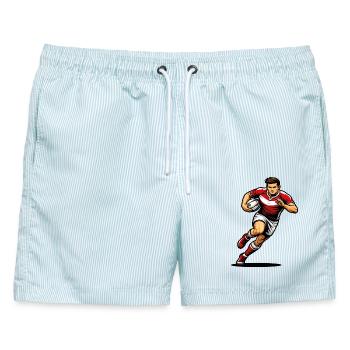 Rugbyspieler, der mit dem Ball in der Hand läuft - Männer Badeshorts - hellblau gestreift - Vorne - AI Model Male 178 light (178cm)