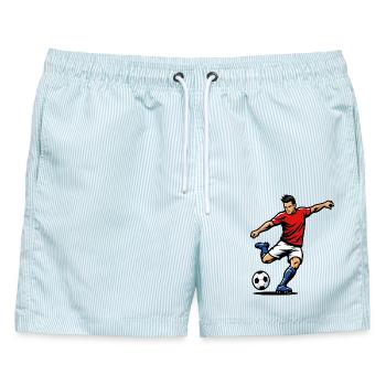 Footballspieler in Aktion - Männer Badeshorts - hellblau gestreift - Vorne - AI Model Male 178 light (178cm)