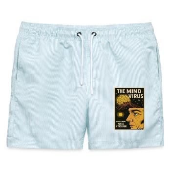 Mind Virus Poster: Massenhysterie - Männer Badeshorts - hellblau gestreift - Vorne - AI Model Male 178 light (178cm)