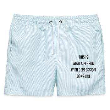 This is what a person with depression looks like - Männer Badeshorts - hellblau gestreift - Vorne - AI Model Male 178 light (178cm)