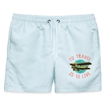 Reisen heißt leben – Vintage-Doppeldecker-Kunst - Männer Badeshorts - hellblau gestreift - Vorne - AI Model Male 178 light (178cm)
