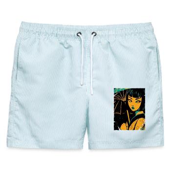 Geisha im Neonlicht - Männer Badeshorts - hellblau gestreift - Vorne - AI Model Male 178 light (178cm)