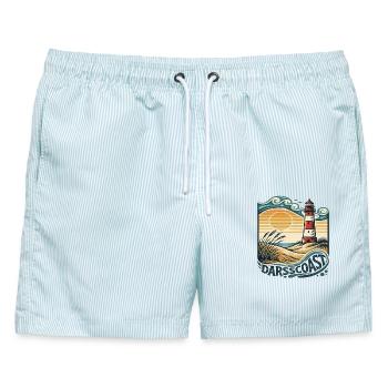 DarsCoast Leuchtturm Küstenwelle - Männer Badeshorts - hellblau gestreift - Vorne - AI Model Male 178 light (178cm)