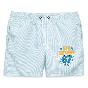 Zahlenheld 67 im Comicstil - Männer Badeshorts - hellblau gestreift - Vorne - AI Model Male 178 light (178cm)