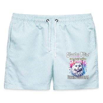 Türkisch Angorakatze Mädchen - Männer Badeshorts - hellblau gestreift - Vorne - AI Model Male 178 light (178cm)