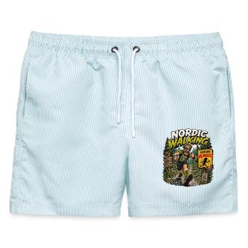 Nordic Walking Waldabenteuer Comic - Männer Badeshorts - hellblau gestreift - Vorne - AI Model Male 178 light (178cm)