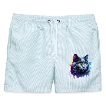 Russisch Blaukatze Motiv - Männer Badeshorts - hellblau gestreift - Vorne - AI Model Male 178 light (178cm)
