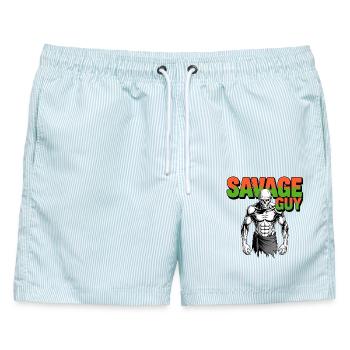 Savage Guy - Männer Badeshorts - hellblau gestreift - Vorne - AI Model Male 178 light (178cm)