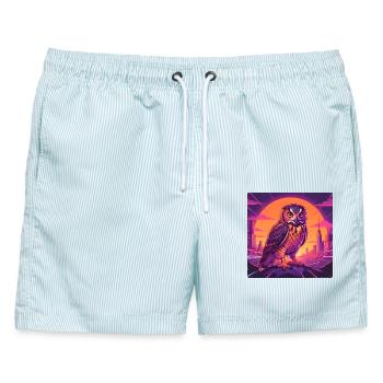 Neon Eulen im Cyberpunk-Stadtlicht - Männer Badeshorts - hellblau gestreift - Vorne - AI Model Male 178 light (178cm)