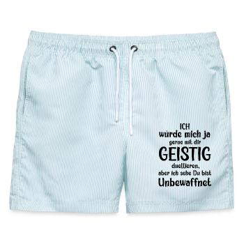 Ich würde mit dir geistig duellieren freche Spruch - Männer Badeshorts - hellblau gestreift - Vorne - AI Model Male 178 light (178cm)