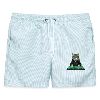 Gaming Katze Hacker Nerd PC - Männer Badeshorts - hellblau gestreift - Vorne - AI Model Male 178 light (178cm)