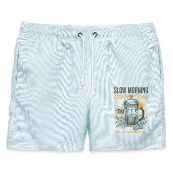 Frühstück Langsam Morgen, Kaffeeclub, Langsames Brauen - Männer Badeshorts - hellblau gestreift - Vorne - AI Model Male 178 light (178cm)