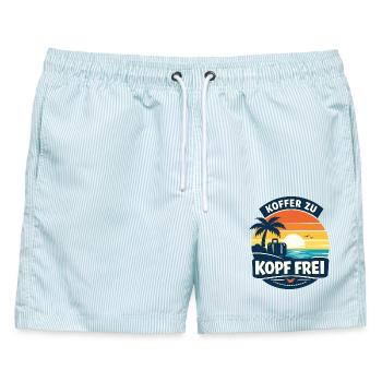 Koffer zu Kopf frei Urlaub am Meer - Männer Badeshorts - hellblau gestreift - Vorne - AI Model Male 178 light (178cm)