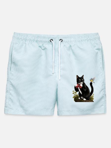 Vogelbeobachtende Katze - Männer Badeshorts - hellblau gestreift