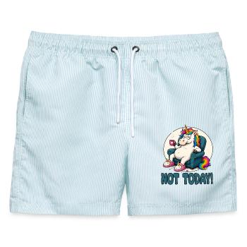 Faules Einhorn im Sessel Not Today - Männer Badeshorts - hellblau gestreift - Vorne - AI Model Male 178 light (178cm)