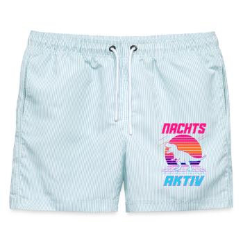Nachts aktiv – Retro Dinosaurier im Neonlook - Männer Badeshorts - hellblau gestreift - Vorne - AI Model Male 178 light (178cm)