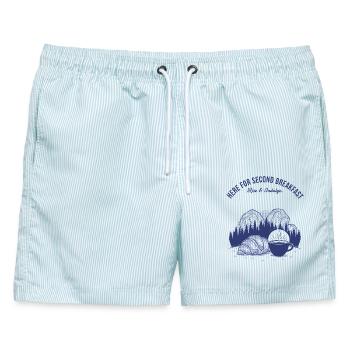 Frühstück Zweites Frühstück Aufstehen und Genuss - Männer Badeshorts - hellblau gestreift - Vorne - AI Model Male 178 light (178cm)