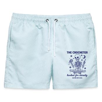 Der Häkler für die Ewigkeit, gefertigt mit - Männer Badeshorts - hellblau gestreift - Vorne - AI Model Male 178 light (178cm)