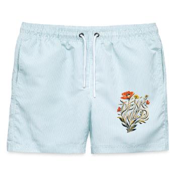 Denk Wild – Botanisch Mohnblumen Schrift Art - Männer Badeshorts - hellblau gestreift - Vorne - AI Model Male 178 light (178cm)