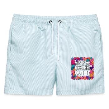 Dieses ist mein Häkel-Outfit - Männer Badeshorts - hellblau gestreift - Vorne - AI Model Male 178 light (178cm)