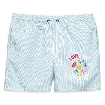 Love Loud Live Louder – Rock & Vinyl Liebe - Männer Badeshorts - hellblau gestreift - Vorne - AI Model Male 178 light (178cm)