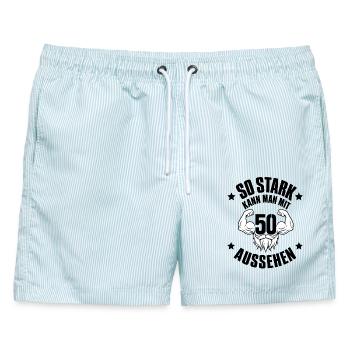 So stark kann man mit 50 Jahren aussehen Spruch - Männer Badeshorts - hellblau gestreift - Vorne - AI Model Male 178 light (178cm)