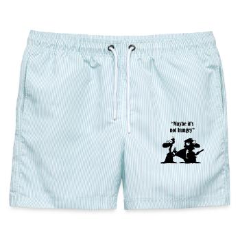 "Vielleicht hat er keinen Hunger." - Männer Badeshorts - hellblau gestreift - Vorne - AI Model Male 178 light (178cm)