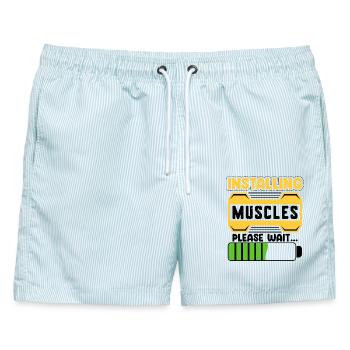 Installing Muscles Please wait Bodybuilding Mann - Männer Badeshorts - hellblau gestreift - Vorne - AI Model Male 178 light (178cm)