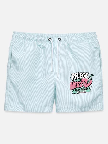 Pflegekraft Geschenk - Pflege mit Herz - Männer Badeshorts - hellblau gestreift
