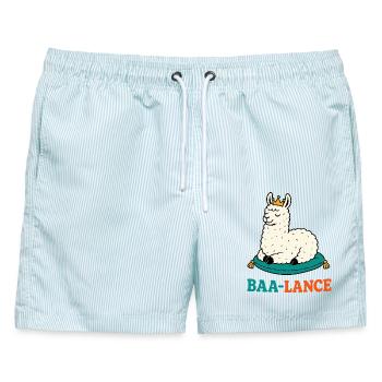 Baa-Lance – Königliches Lama in Balance - Männer Badeshorts - hellblau gestreift - Vorne - AI Model Male 178 light (178cm)