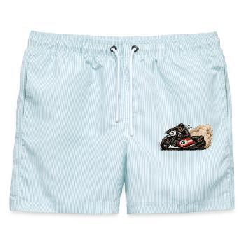  Vintage-Motorrad-Renngespann in Aktion - Männer Badeshorts - hellblau gestreift - Vorne - AI Model Male 178 light (178cm)