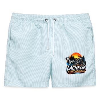 Lächeln statt Hecheln  E-Bike Fahrrad Mountainbike - Männer Badeshorts - hellblau gestreift - Vorne - AI Model Male 178 light (178cm)