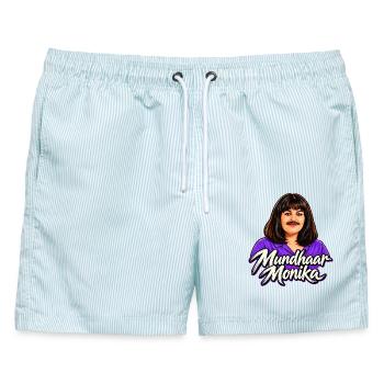 Mundhaar Monika – Lustiges Schnurrbart Motiv - Männer Badeshorts - hellblau gestreift - Vorne - AI Model Male 178 light (178cm)