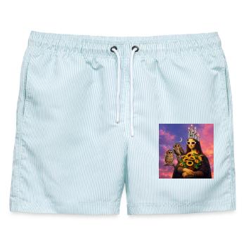 Modernes Porträt mit Sonne und Eulen - Männer Badeshorts - hellblau gestreift - Vorne - AI Model Male 178 light (178cm)