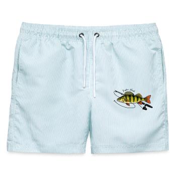 Angeln mit Rute Barsch Fisch Petri Heil - Männer Badeshorts - hellblau gestreift - Vorne - AI Model Male 178 light (178cm)