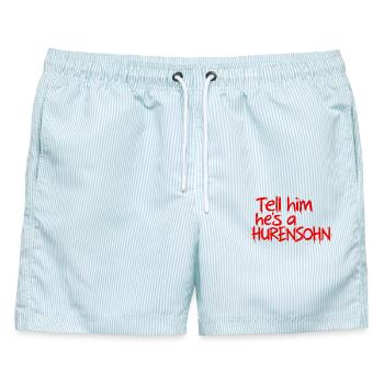Rotes Graffiti Statement Tell him hes a Hurensoh - Männer Badeshorts - hellblau gestreift - Vorne - AI Model Male 178 light (178cm)